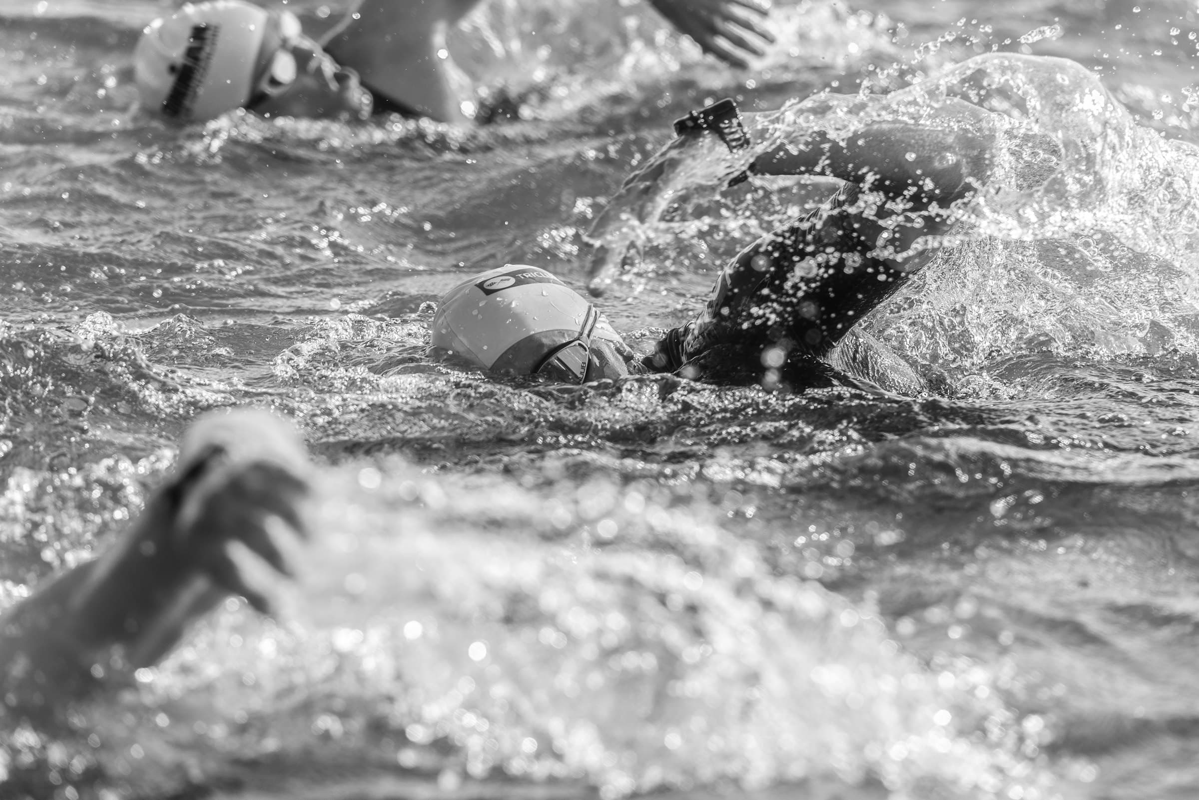 Triathletes swimming through open water, mid-stroke